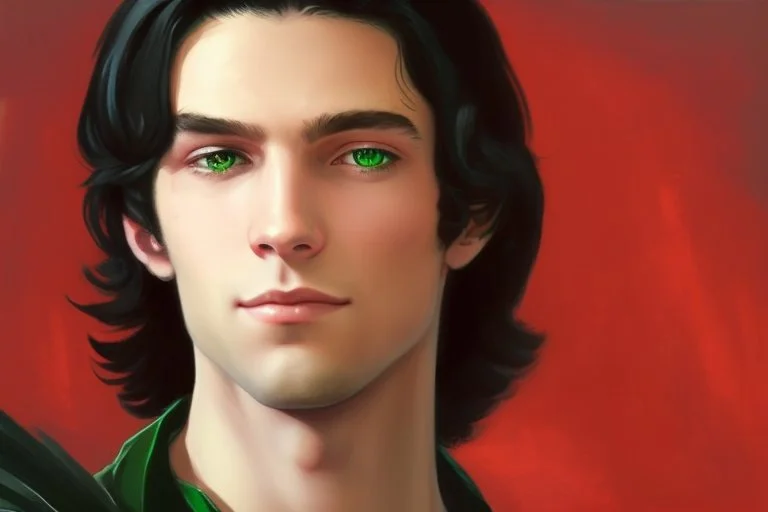 a young male with shoulder length black hair and green eyes, smirk