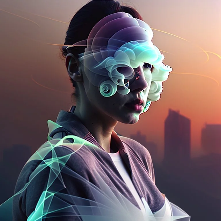 smoke plumes, clouds, smog, city scape with pollution, woman, double exposure photography, colourful nature, clean sharp focus, on white background, Fractal Geometry buildings, sacred geometry