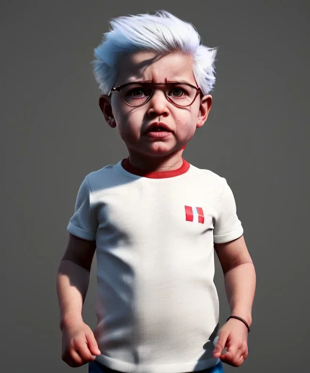 Pedro almodovar toddler, full body, white hair, diagonal shirt, dramatic lighting, hyper realistic