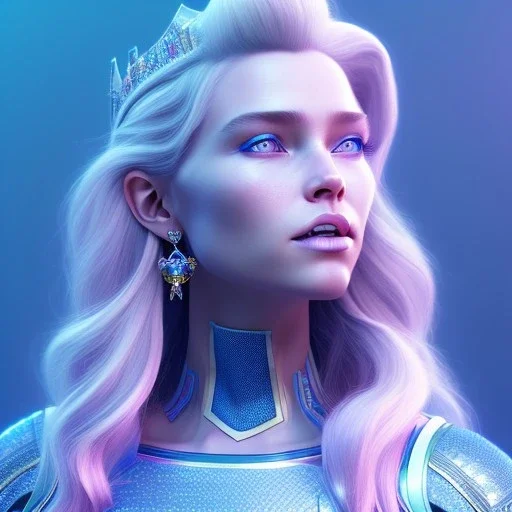 A portrait of a full body crystalised blue pink queen,smiling face, blue eyes, long blond hair, atmospheric, realistic, unreal engine, lighting