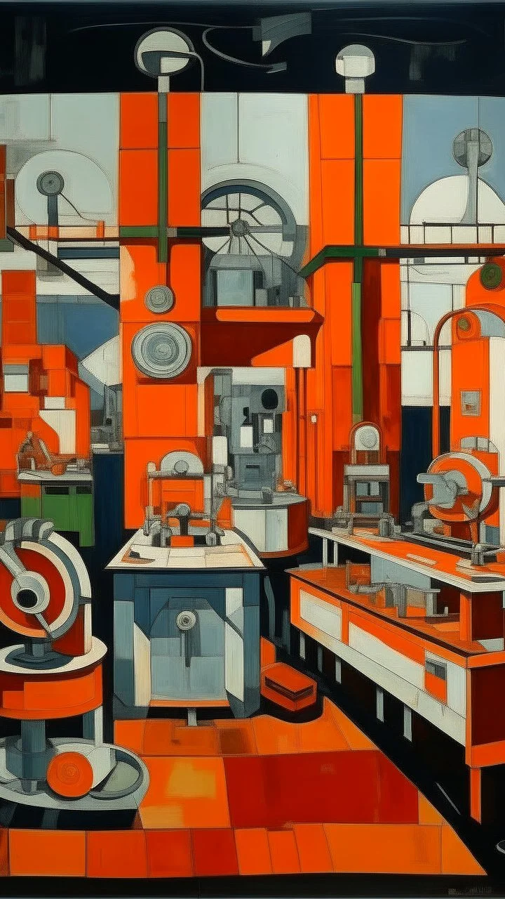 An orange factory with hammer machines painted by Pablo Picasso