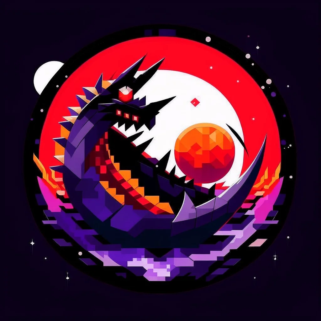 combining darkness and celestial elements. Feature a stylized eclipse at the center, with the moon partially covering the sun, casting claw-like shadows. Use deep purple fading into fiery orange-red. Surround the eclipse with jagged metallic shapes, make it 8bit and retro.