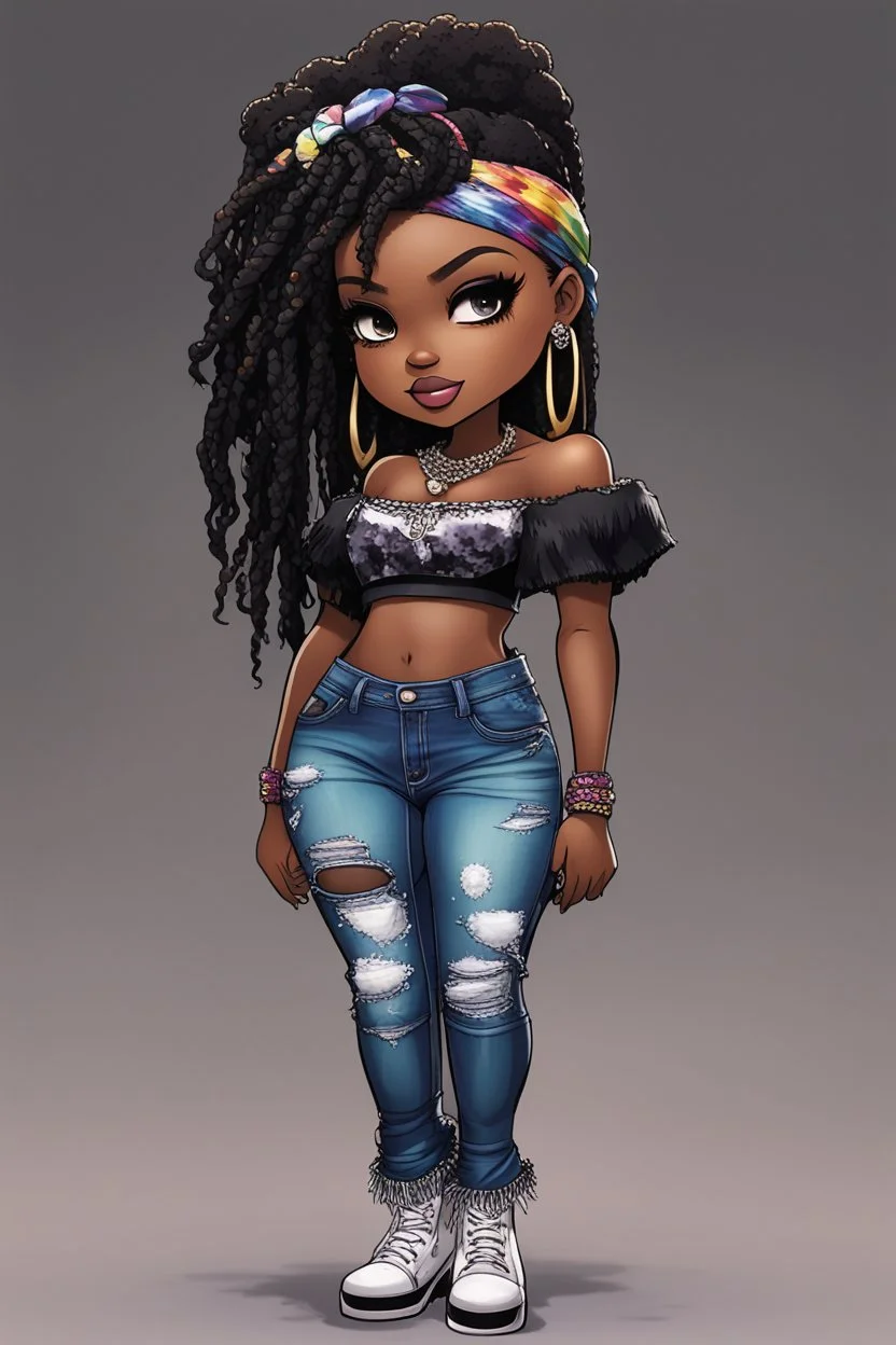 create a colorful abstract comic book art image 8k of a chibi curvy black female wearing torn jeans pants with fringe on the side and a black-tie dye off the shoulder blouse. Prominent make up with hazel eyes. Highly detailed long Senegalese twist in a hair wrap