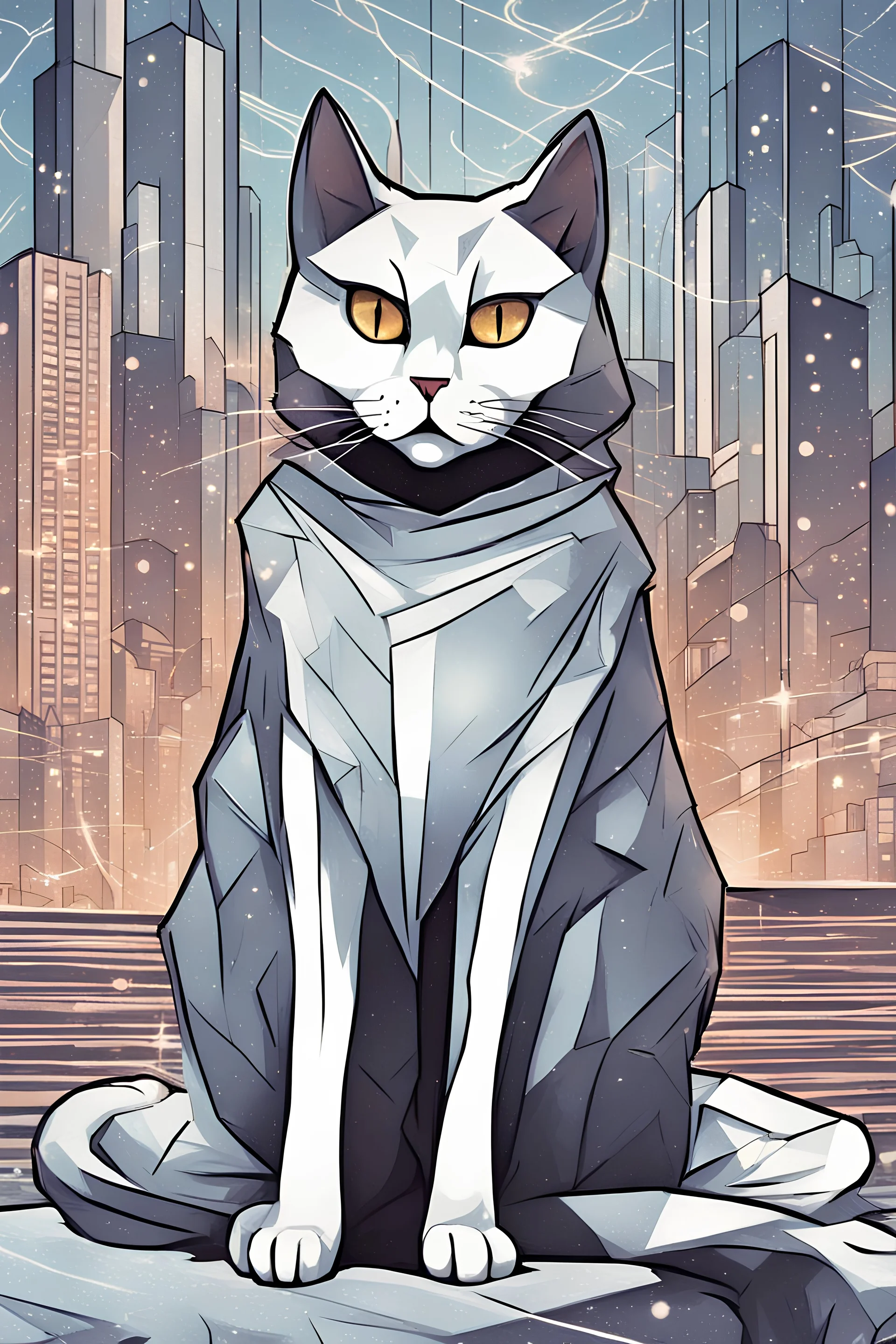 Against the backdrop of geometric lines of the future city in the spotlight - a quantum cat in a mystical cloak. Its soft fur sparkles, reflecting the variety of quantum states. A cloud of quantum probabilities curl around him, creating a dynamic background. Each cat's movement provokes a cascade of quantum events, like notes in a great symphony. Against the background of a city where reality and fantasy are intertwined, a quantum cat in a cloak becomes a guard of uncertainty and magic, opening
