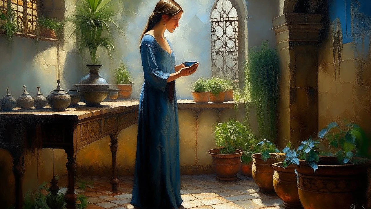 Pintura figurativa. Estilo: simbolismo belga. Una mujer adulta de pie con la frente apoyada en el cristal, en un patio andaluz con macetas, con luz dispersa de niebla matinal. Pintura al óleo de museo, figura femenina solitaria, tratamiento artístico no explícito.