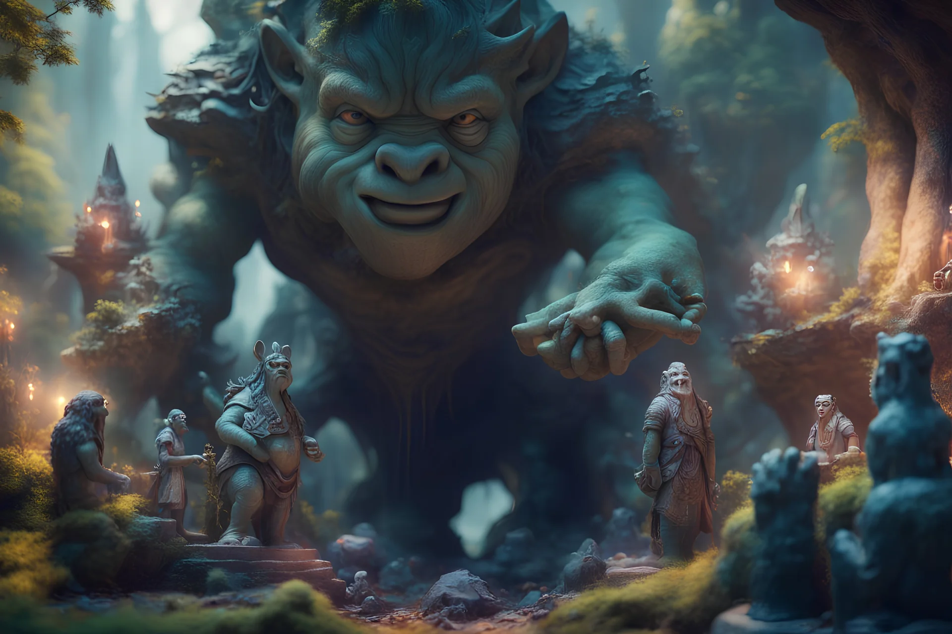 book cover illustration of archeologists discovering woodland creatures in Rivendell worshipping big fat alien troll statues with many head and idols like from a myth or legend, on a strange planet with weird colors and waterfalls, bokeh like f/0.8, tilt-shift lens 8k, high detail, smooth render, down-light, unreal engine, prize winning