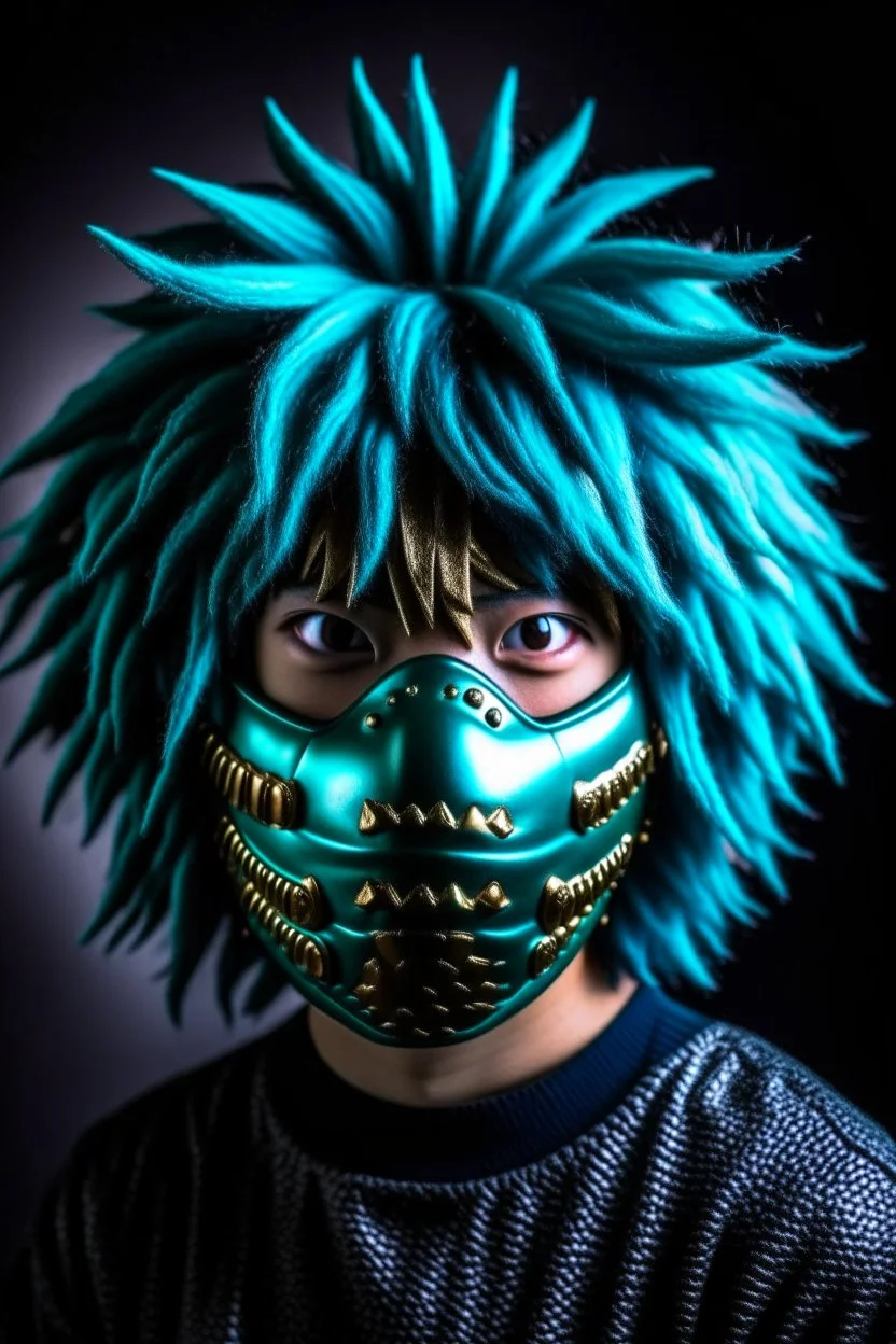 Create a metal mask similar to the one Izuku Midoriya wears in My Hero Academia, but have it extend to cover the full face. It should be gunmetal gray color and have symmetrical holes over the mouth area that glow slightly red. It should be worn by a rabbit and have a black hood