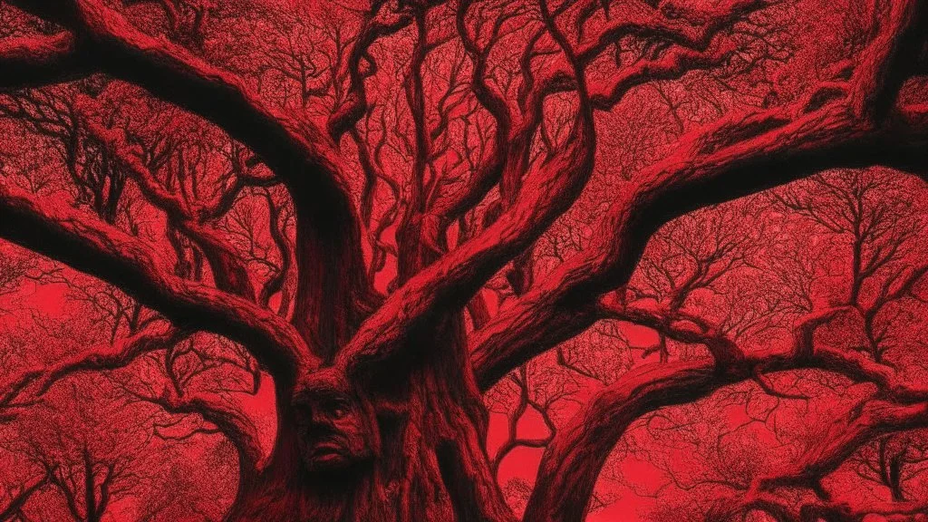 red tree, highly detailed, beautiful desktop wallpaper, comic style, many human faces on tree