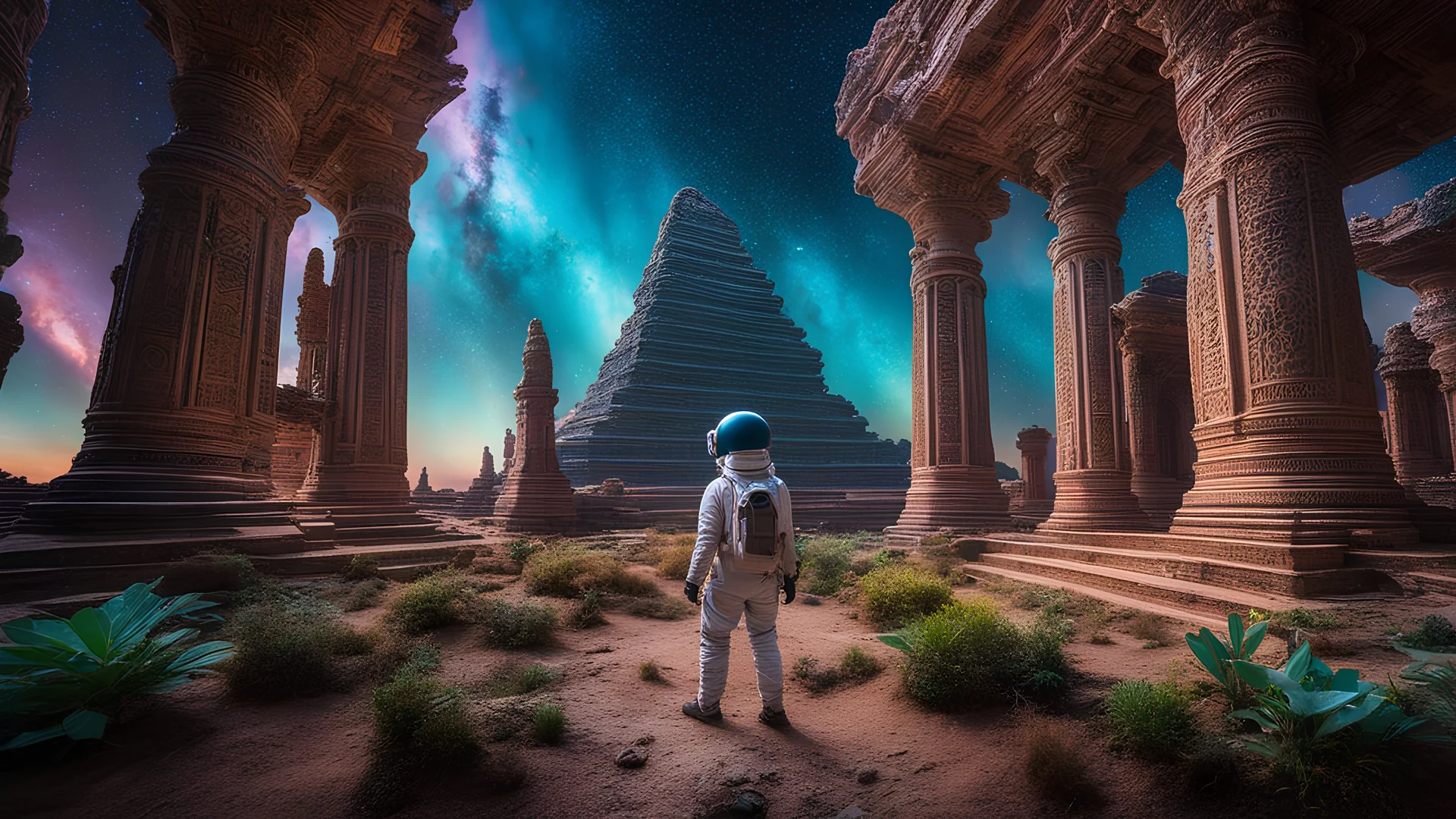 A lone astronaut exploring an abandoned, immense alien temple filled with intricate carvings and bioluminescent flora, multicoloured sky, intriguing, beautiful. Award-winning photograph, 80mm focal length, adjust perspective, rule of thirds.