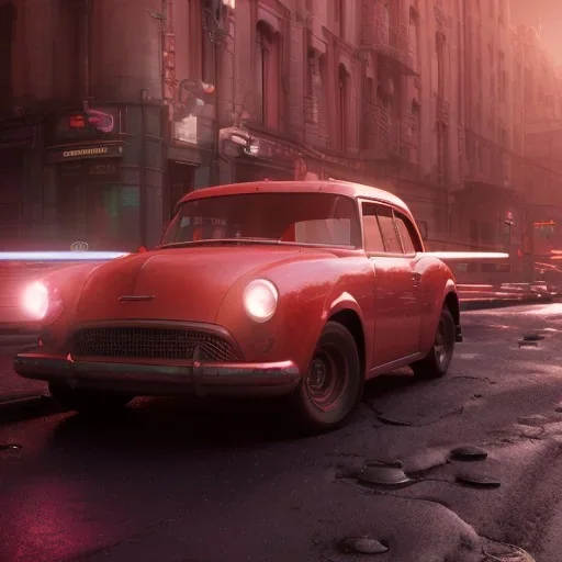 Red Car in night city, unreal engine 5, octane render,cinema4d, dynamic lighting, 8k, redshift render, highly, hyperrealism ultra realistic, hyper realistic.