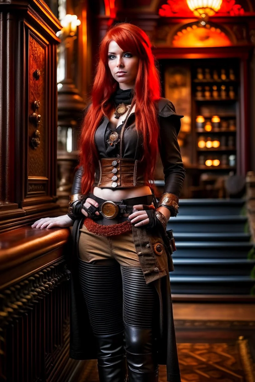 full body and headshot of a skinny Cleopatra, with long straight red hair, dressed as an assassin standing in a steampunk setting.