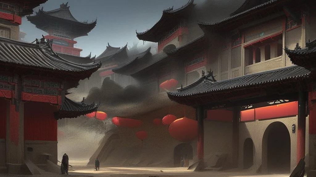 ancient, fantasy, chinese town, dune, crater, sand strom, destroyed chinese houses