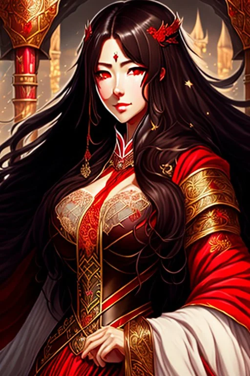 woman with long brown hair and red eyes, medieval concubine, anime style, highly detailed, intricate background, red and black clothes, confident, arrogant