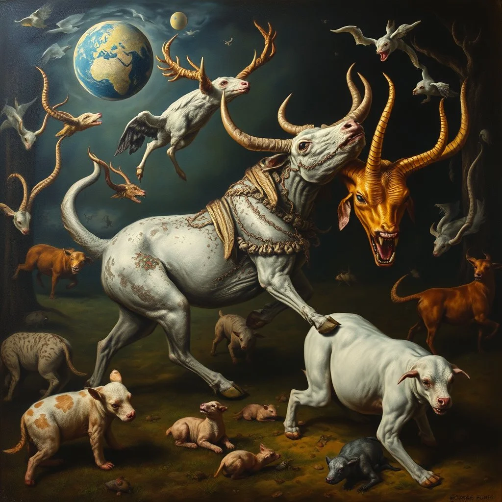 Surreal animal farm, maximalism, by Dado, by Miodrag Đurić, surreal horror, descent into madness, oil on canvas