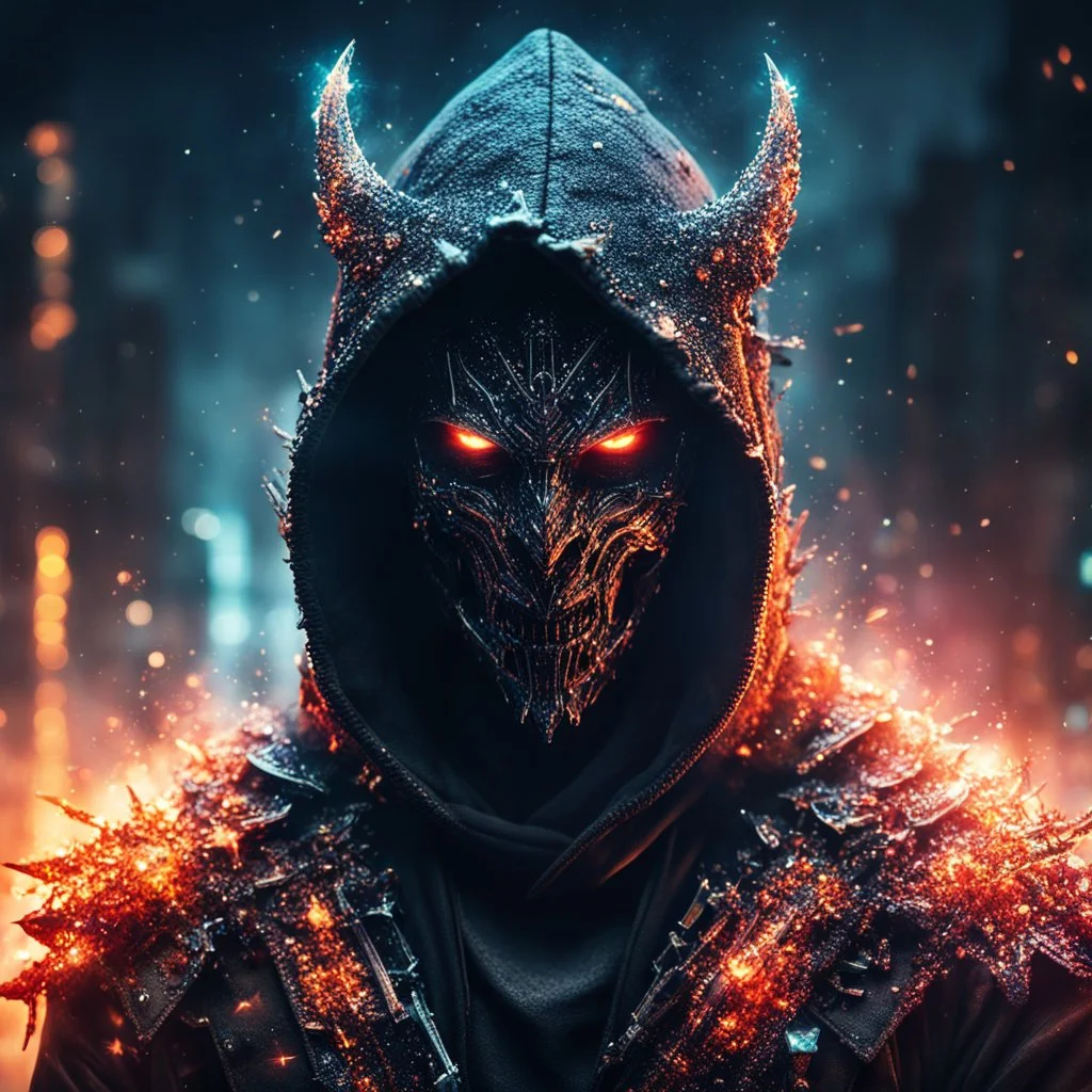 post-apocalyptic hooded demon knight covered with glowing crystals, fire particles in air, destroyed city, night, bright colors, glowing sparkle particles, dark tone, sharp focus, high contrast, 8k, incredible depth, depth of field, dramatic lighting, beautifully intricate details, clean environment, epic dynamic scene