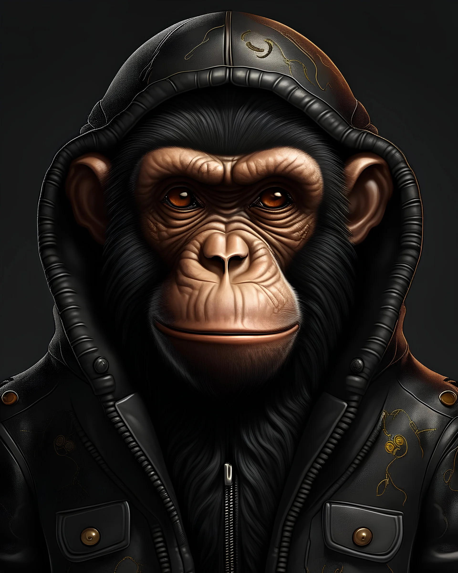 Créez une illustration d'un singe avec les caractéristiques suivantes : Visage de singe réaliste et expressif, avec des traits détaillés et un regard sérieux. Vêtements : Veste à capuche noire, en cuir, avec des détails visibles et texturés. La veste doit être zippée à moitié, laissant apparaître un t-shirt noir en dessous. Assurez-vous que la veste a des poches, des coutures visibles, et une texture réaliste. Accessoires : Lunettes de soleil noires, épaisses et couvrant