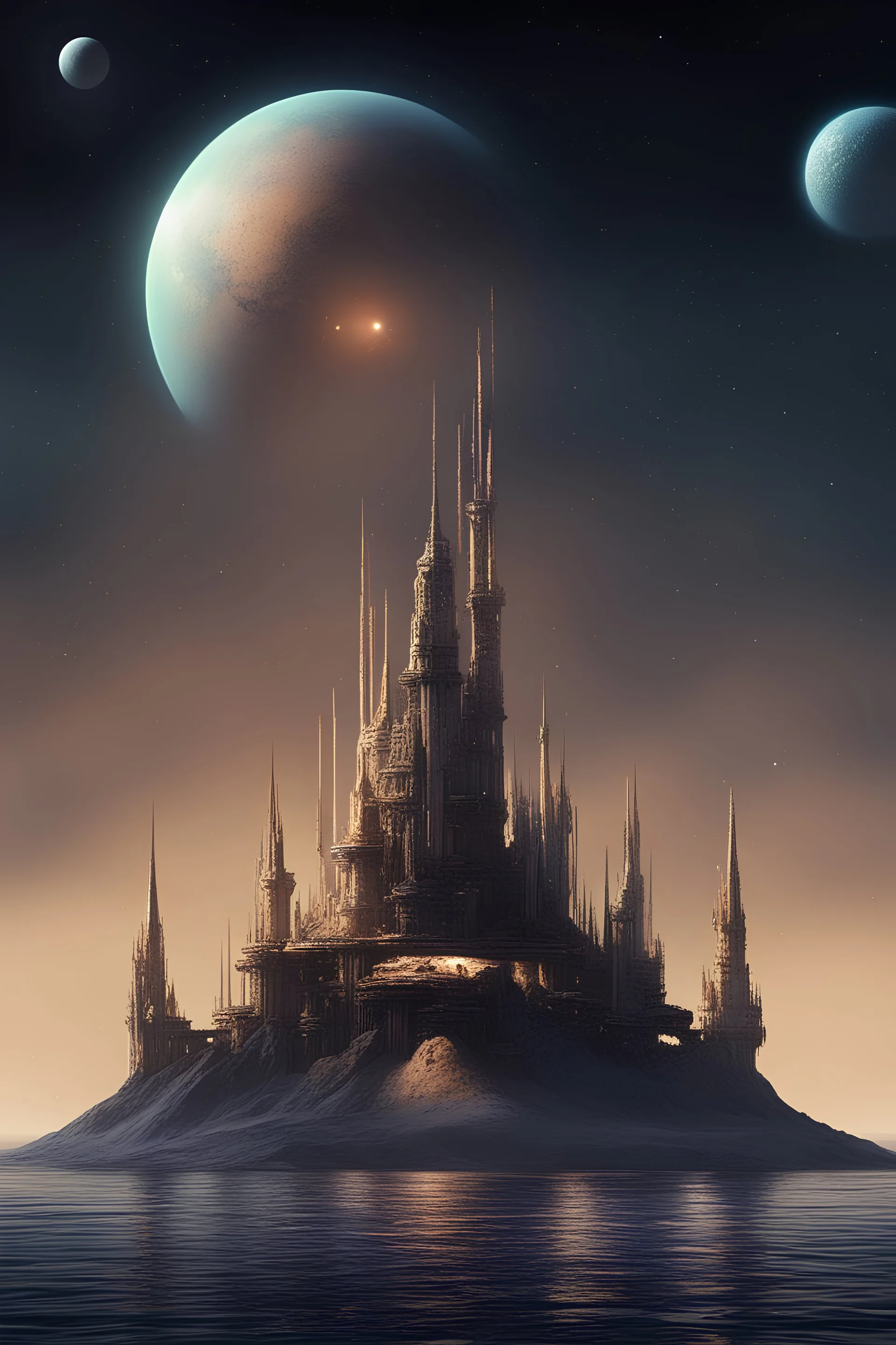 space castle floating far out over sea of mercury, scifi artist