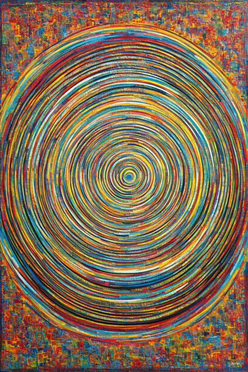 Circles in a Circle; dynamic cubism; minimalism; continuum with the entire color spectrum; in the style of Wassilly Kandinsky with a bit of Gustav Klimt flair.