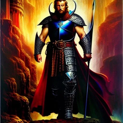 portrait oil on canvas,King Arthur with highly detailed plate armor,comic book cover, mystical colors,insanely detailed,realistic,intrincate detail, 16k resolution, masterpiece,Frank Frazetta, Alex Horley, Simon Bisley,Oscar chichoni