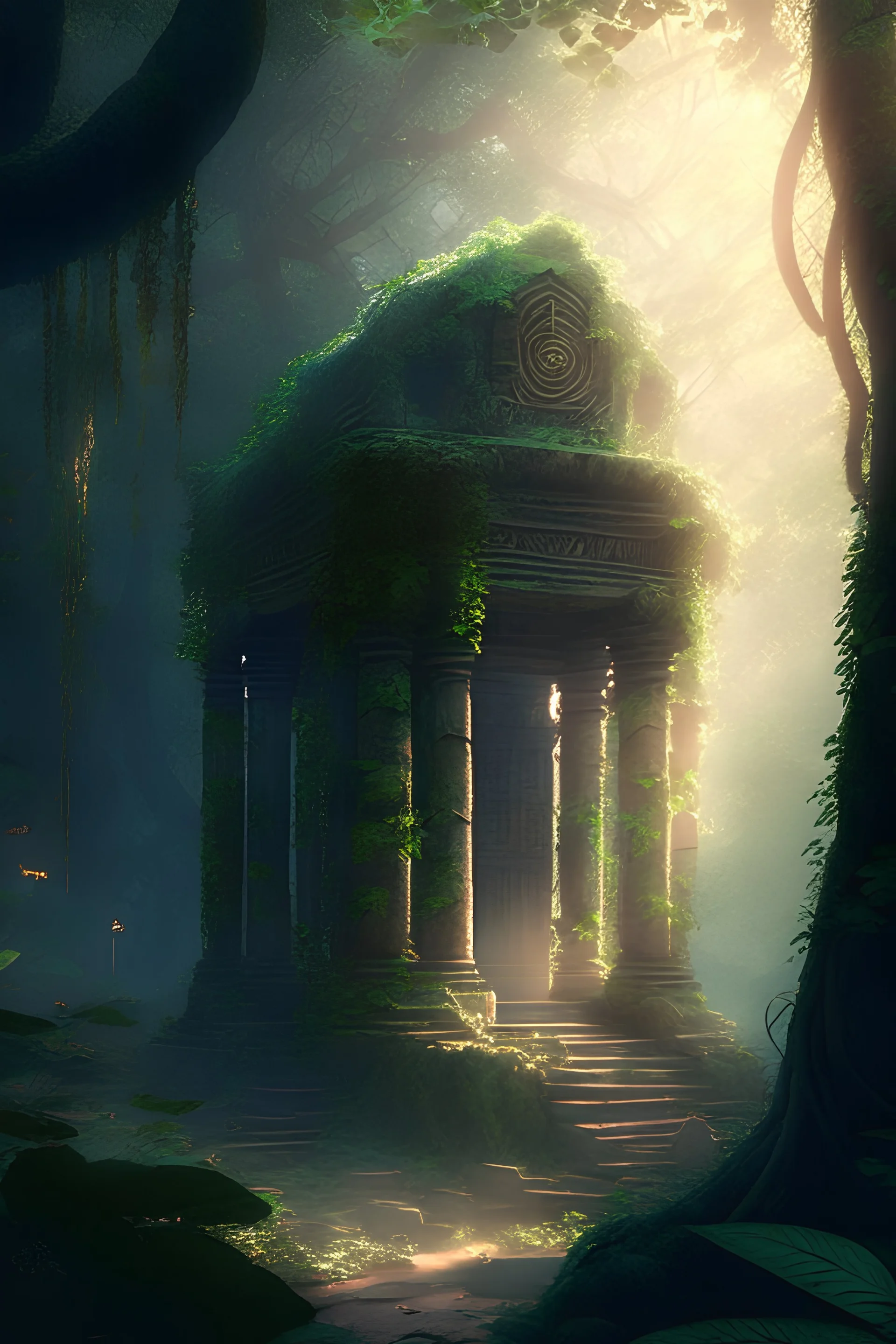 A serene scene of an ancient, ivy-covered temple nestled in a lush, misty forest, with sunlight filtering through the trees and casting a magical glow on the surroundings.