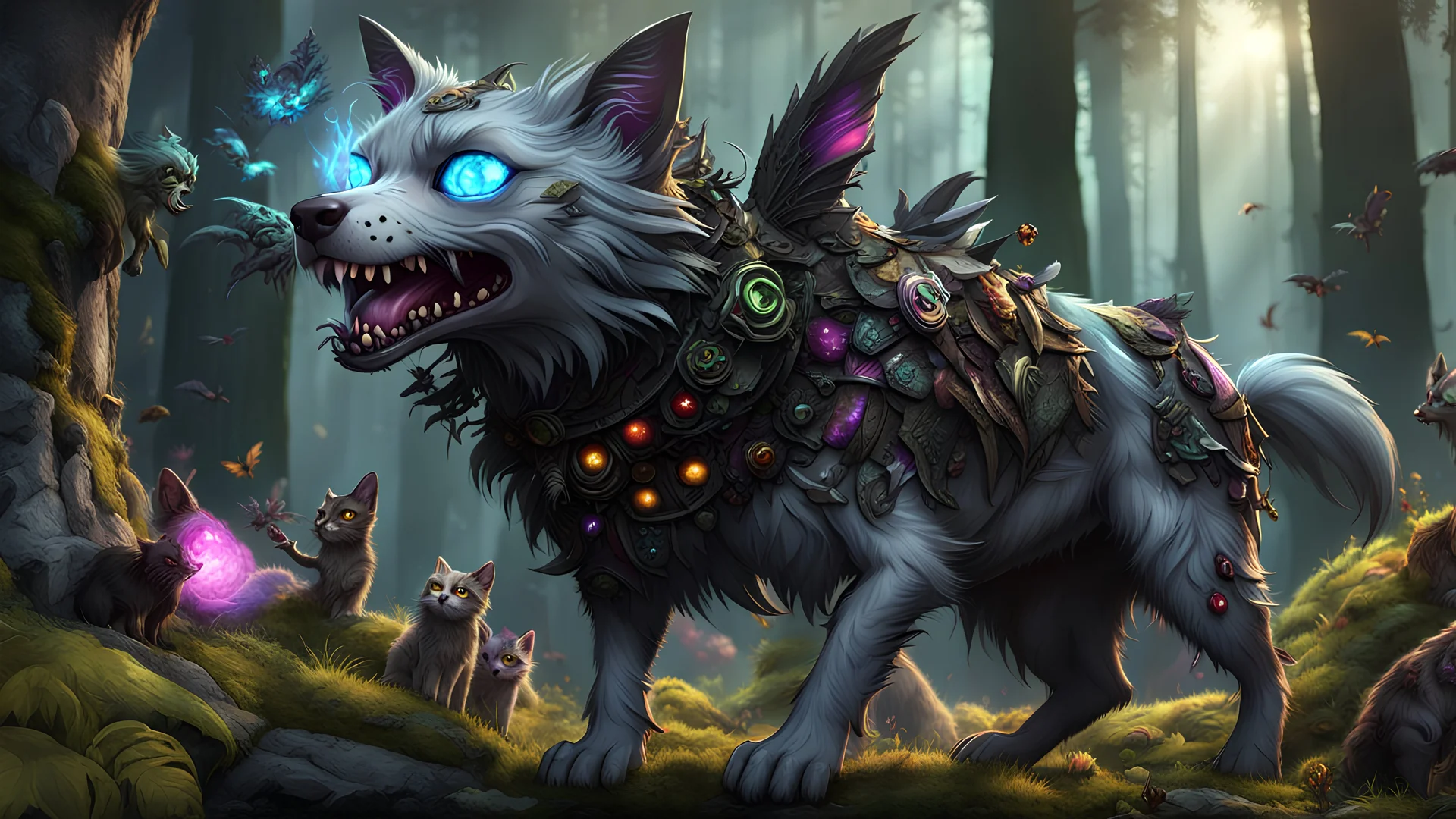 awesome (zombie canine:1.5) eating a (pretty feline:1.5) with fur and bits flying in the air, wacky zany facial expression, intricate detail, sharp, colorful, iridescent, deep color, grey and black fairy forest, 8k resolution, trending on Artstation, glowing runes, zombiecore, H.R. Giger, dynamic lighting