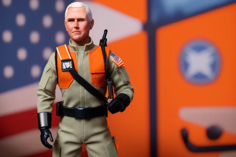 Plastic Mike pence G.i. Joe toy doll Space force uniform With accesories inside a blister packaging hanging on a Wallrack in toystore, fluorescent orange, toy guns, wide angle shot whole body, black moonboots, fullsize