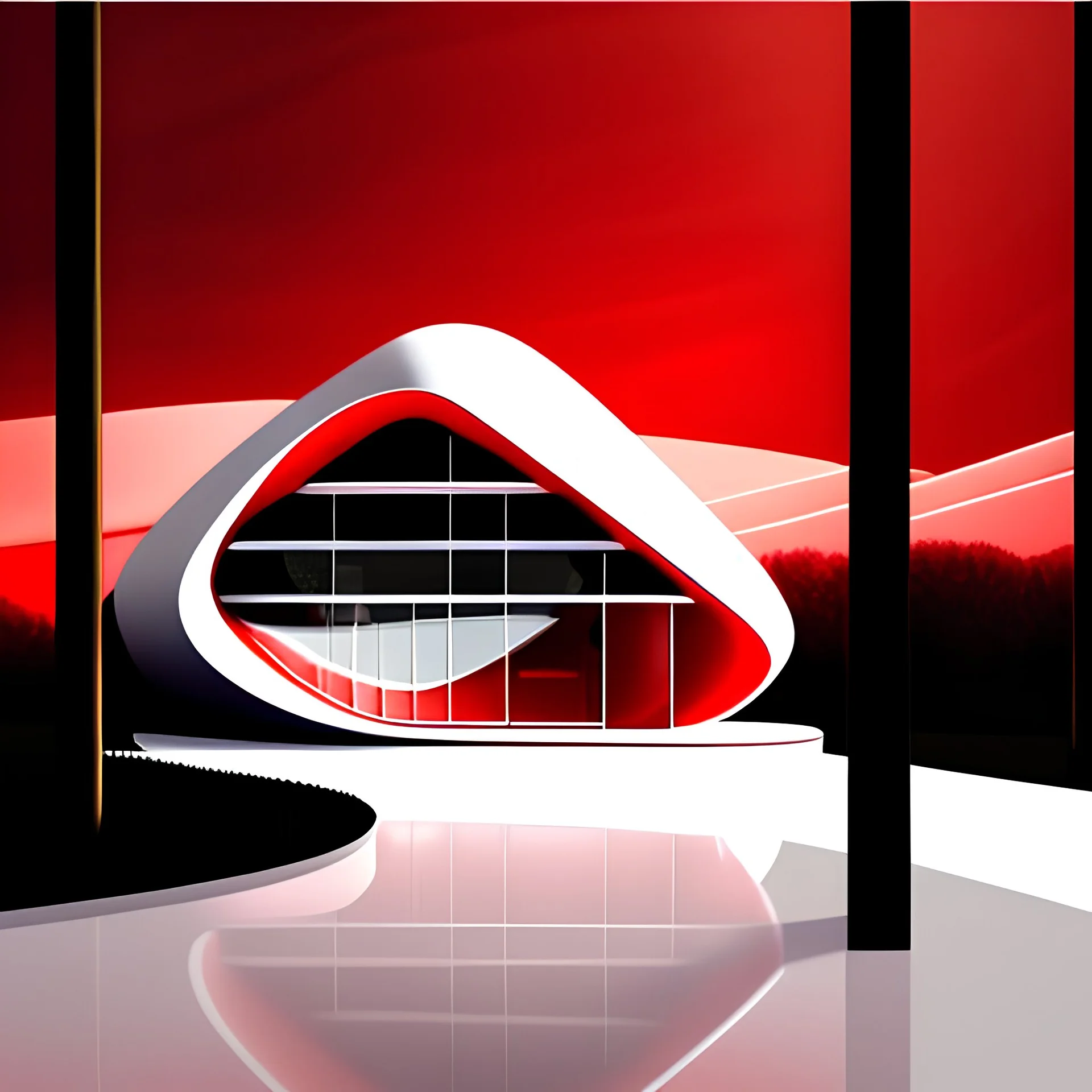 Draw an lineal illustration of a red and white country house, oval and round shapes, modern, minimalist style, ultra quality, detailed, Zaha Hadid style, Zaha Hadid style