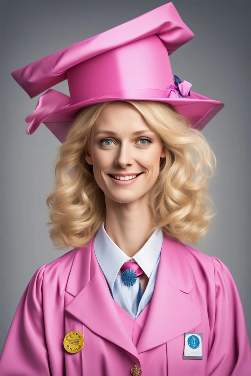 Een dom blondje die haar dokterdiploma heeft gekregen dankzij CHATGPT. Straalt domheid uit. Haar graduation outfit is volledig roze,. Karikaturaal, carnavalesk, er zijn doktersattributen, denk legally blind en greys anantomy Dokter moet duidelijk zijn. Ze is lelijk, veel koninklijker, grootser, gigantisch, echt carnaval. Hoed is echt groot en karikaturaal, moet wel nog steeds graduation hoed zijn. De vest is dicht, tinten blauw, graduation sjaal, velvet en glinster out, toga, het is de proclama