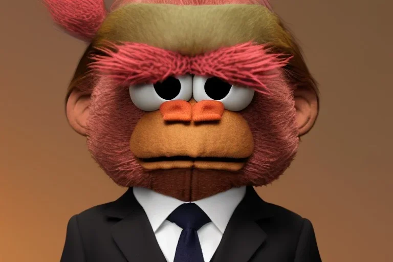 Angry muppet trump in a suit with a spray tan, looking forward,