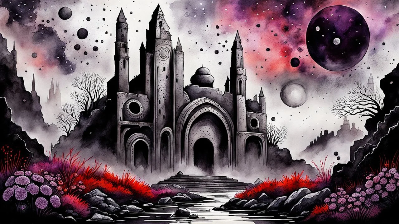 Ink wash painting , grunge, rust, detailed, gray, black, almond, light red colors, stone ruins on old planet, fantasy style, close up black purple and silver weird alien flowers , splash art, stonecrop wall, dreamy, surreal sci-fi mood, foggy lights, detailed, high textures, high contrast, masterpiece