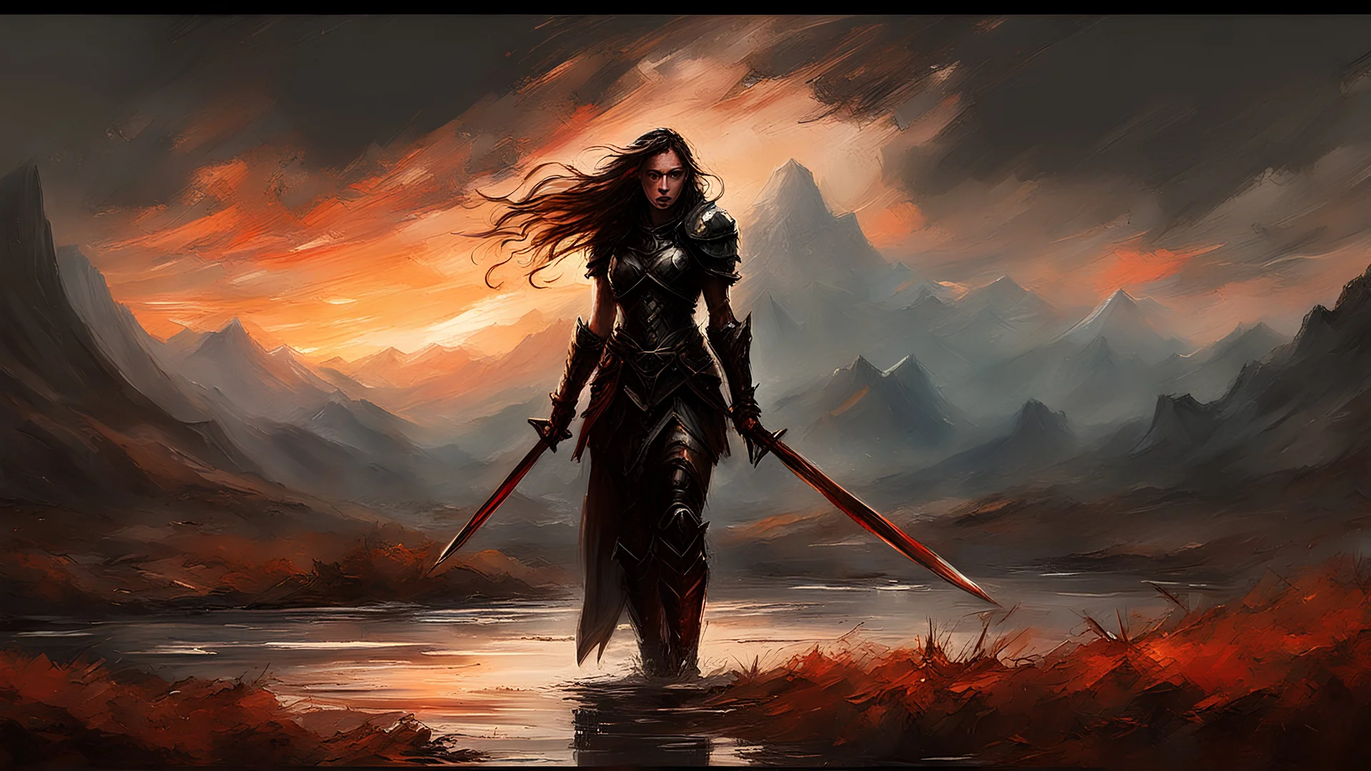 A formidable warrior girl in black armor, on the background Amazing gloomy landscape, flooded with sunset, mountains, trees, fabulous scary hero, , juicy emotions, painting, dark fantasy, gloomy day, dark world, portrait, by Alyssa Monks & Raymond Swanland & James Paick & Anna Razumovskaya