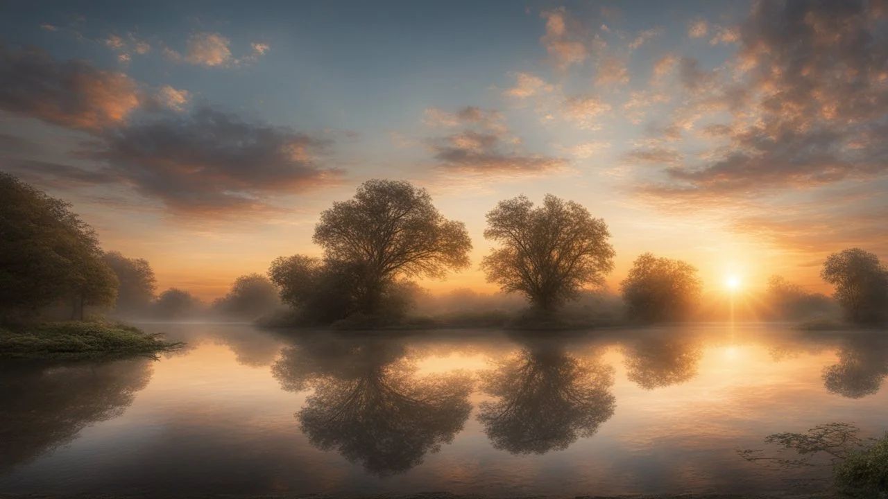 Style John Constable, sunrise, relaxation, luxury, dream world, calm beauty, symmetry, fantasy world, magic, beautiful composition, exquisite detail, 135mm lens