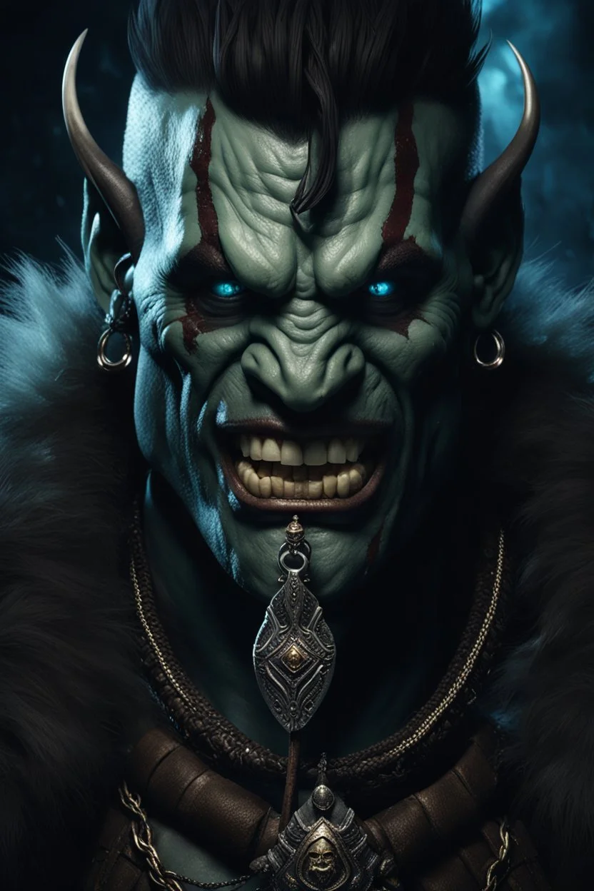 portrait of an orc king. Tusks emerging from bottom lip. Dark braided hair and ice blue eyes. smiling. Half of his head is shaved. wearing jewellery. Carrying a battleaxe. High resolution. 4K. 8K. Dark Fantasy style. Cave in the background