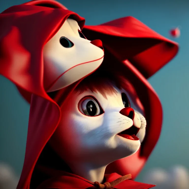 Red Riding Hood looks up to the sky while eating an apple on a balloon.