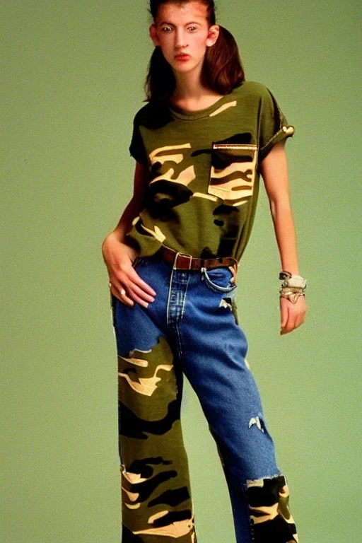 year 1996 denim fashion. Loose fit, "combat pants" with low waist, baggy, Combat pants and t-shirt. Colors: denim blue, blue, purple, khaki, light green, lilac, plum, orange, terracotta, red, pink, dark blue, beige. Women models. Patterns: Something between camouflage and lynx prints, stripes.Something between camouflage and lynx fur pattern prints.Jennifer Lopez, Gwyneth Paltrow, . Big tennis shoes on. Cargo pants. street vs. grunge