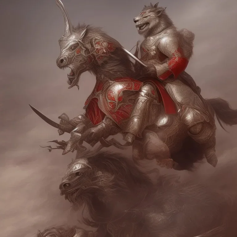 Nomad cavalry inline attacking. Horses. Damascus steel. Red. Sharp details. Roar.