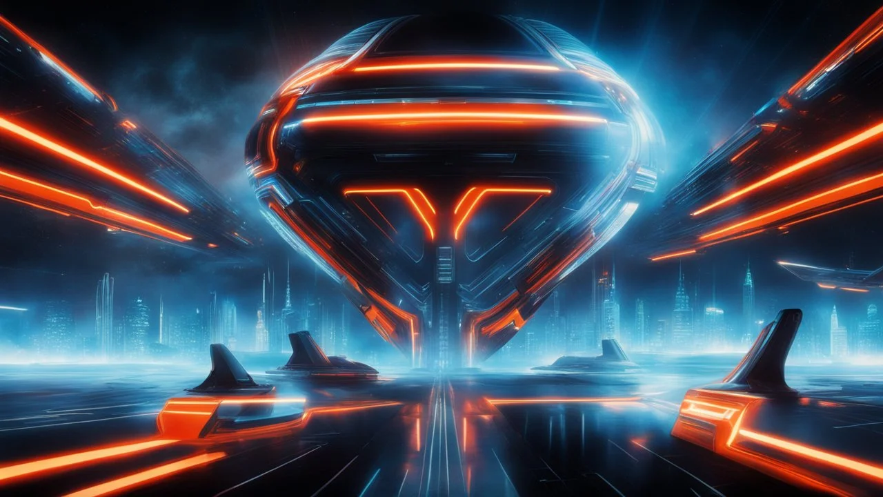 tron legacy movie, city of lights blue, red and orange, programs, space ships, clouds,