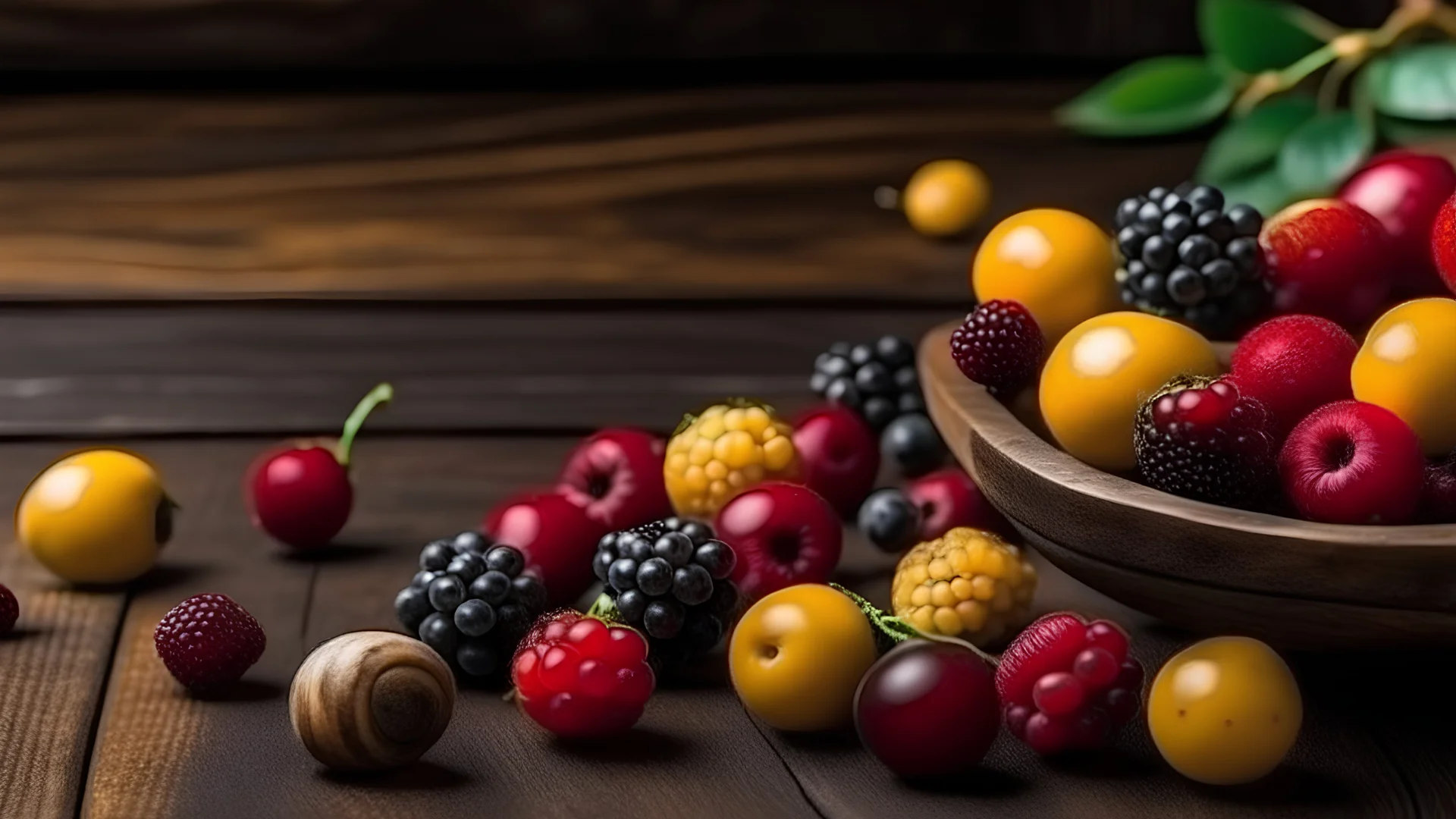 Colorful berries assortment on rustic wooden table