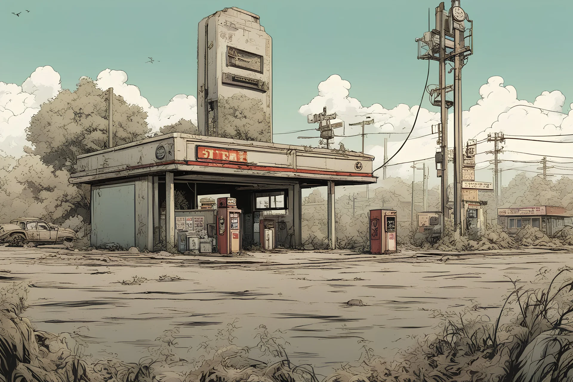 Gas station, overgrown apocalyptic city background,comic book,