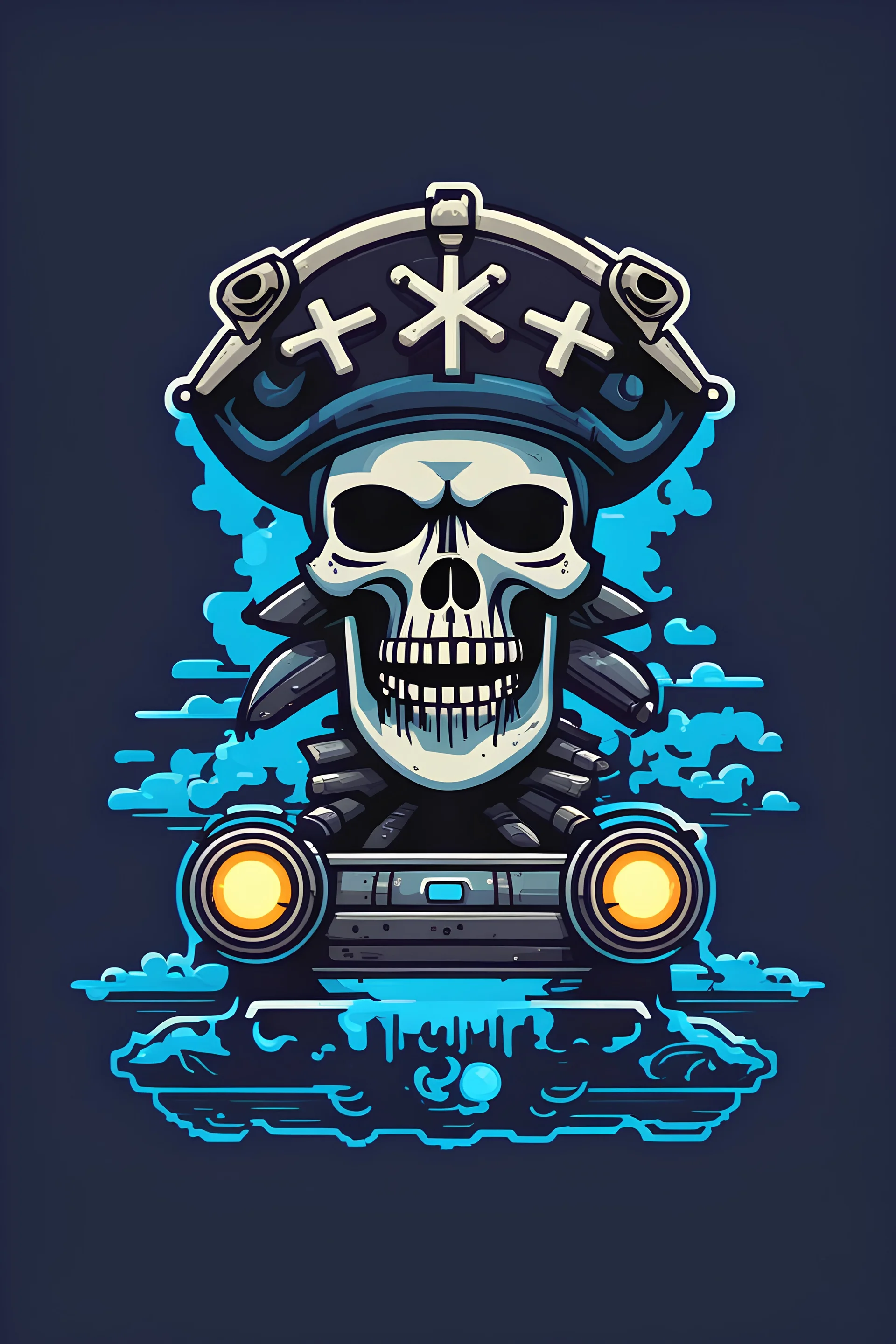 An 8 bit style skull and cross bones pirate logo with a submarine and a spooky blue glow