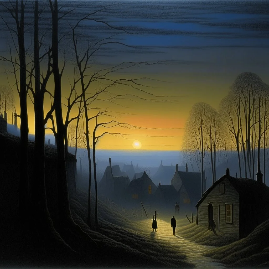 A black village in a shadow realm painted by Caspar David Friedrich