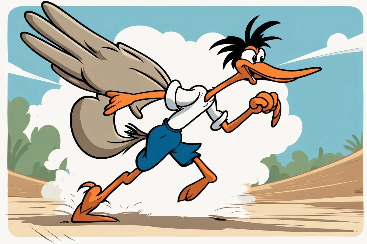 road runner running towards the right side, leaving behind a cloud of dust. style of looney toons cartoon