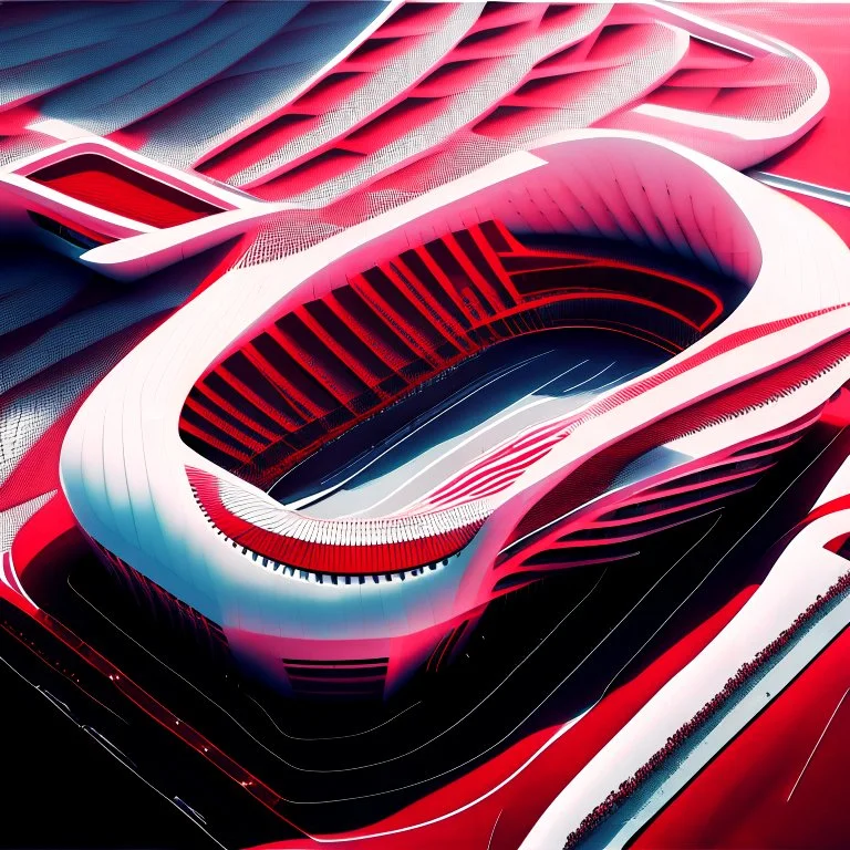 Imágen de arte lineal de un estadio de futboll, vista aérea, estlilo Zaha Hadid, calidad ultra, hiperdetallado, 8k, color rojo y blanco