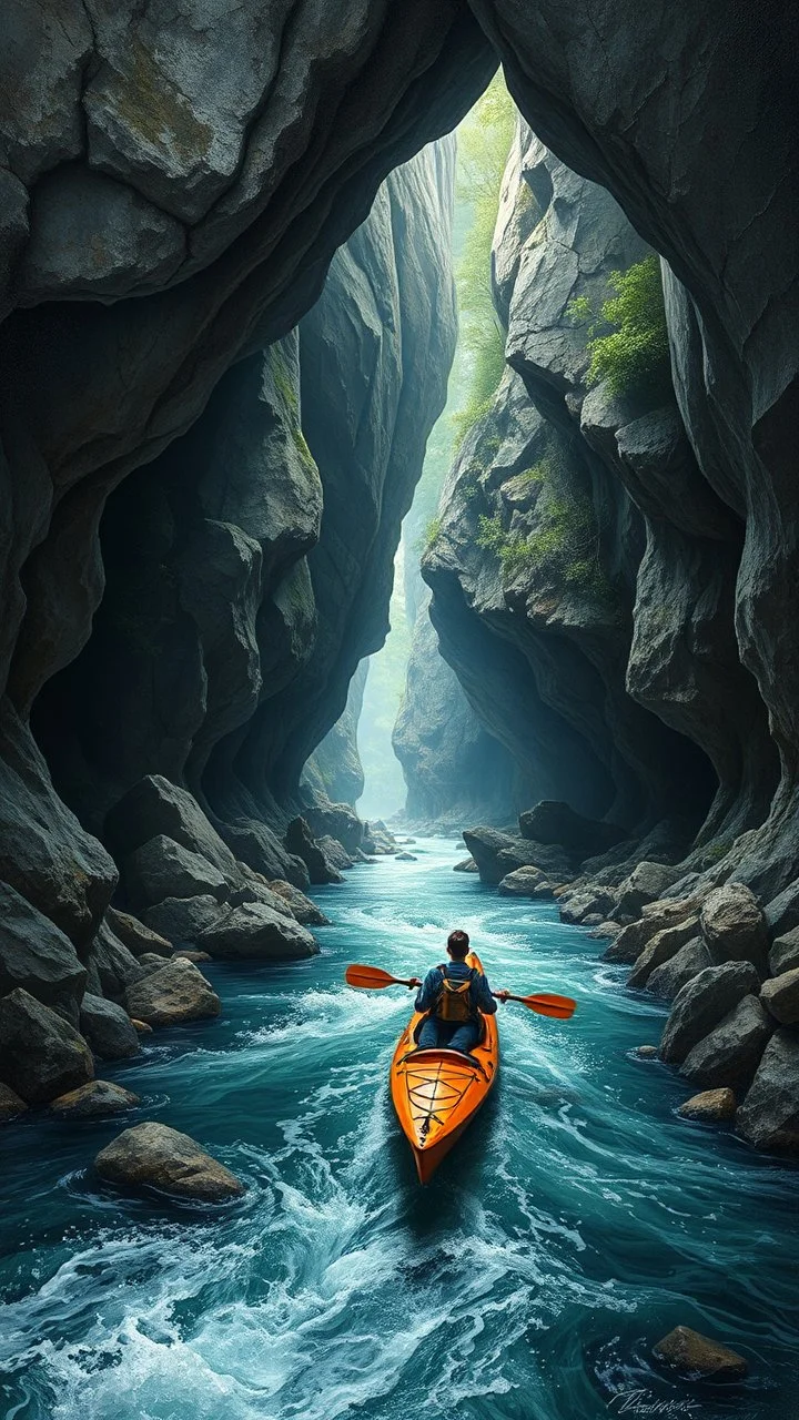 Bosch painting style, 3D multi layers caves where the a river stream, a man in kayak boat in a fast water