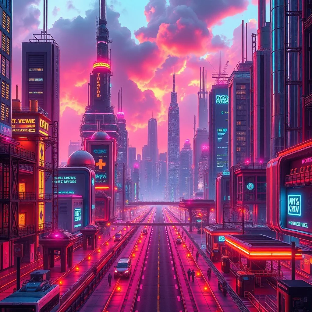 create a nice cool background for my account the image must show Worlds Non Existed and Reality and Reimagined , future modern city and future modern industry ,vibrant metallic colors .1:1 ratio. no text should displayed