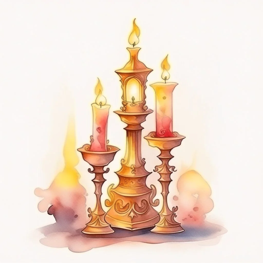 Watercolor candlestick with burning candles from the movie Beauty and the Beast on a light background