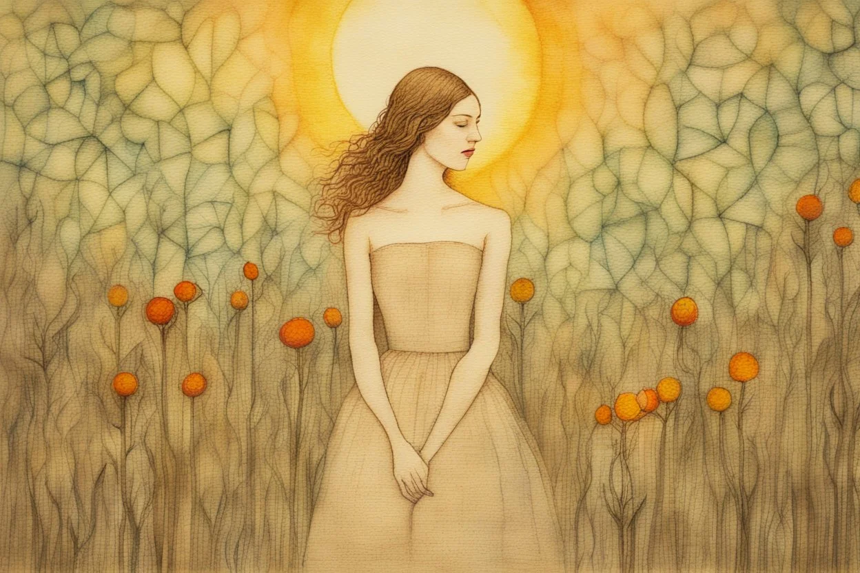 painted and burned burlap, beautiful woman in the flowergarden, styles of Paul Klee Dee Nickerson and Tim Burton, melting watercolor and black ink outlines on wet paper, soft, shading strokes, in sunshine, ethereal, otherwordly, cinematic postprocessing, bokeh, dof