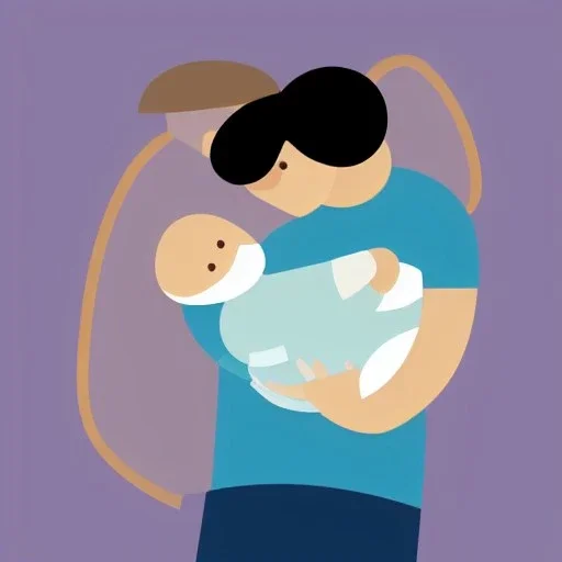 full view, flattened vector image icon of a man and woman holding a baby in a bundle, dark blue and light blue color palette, transparent background.