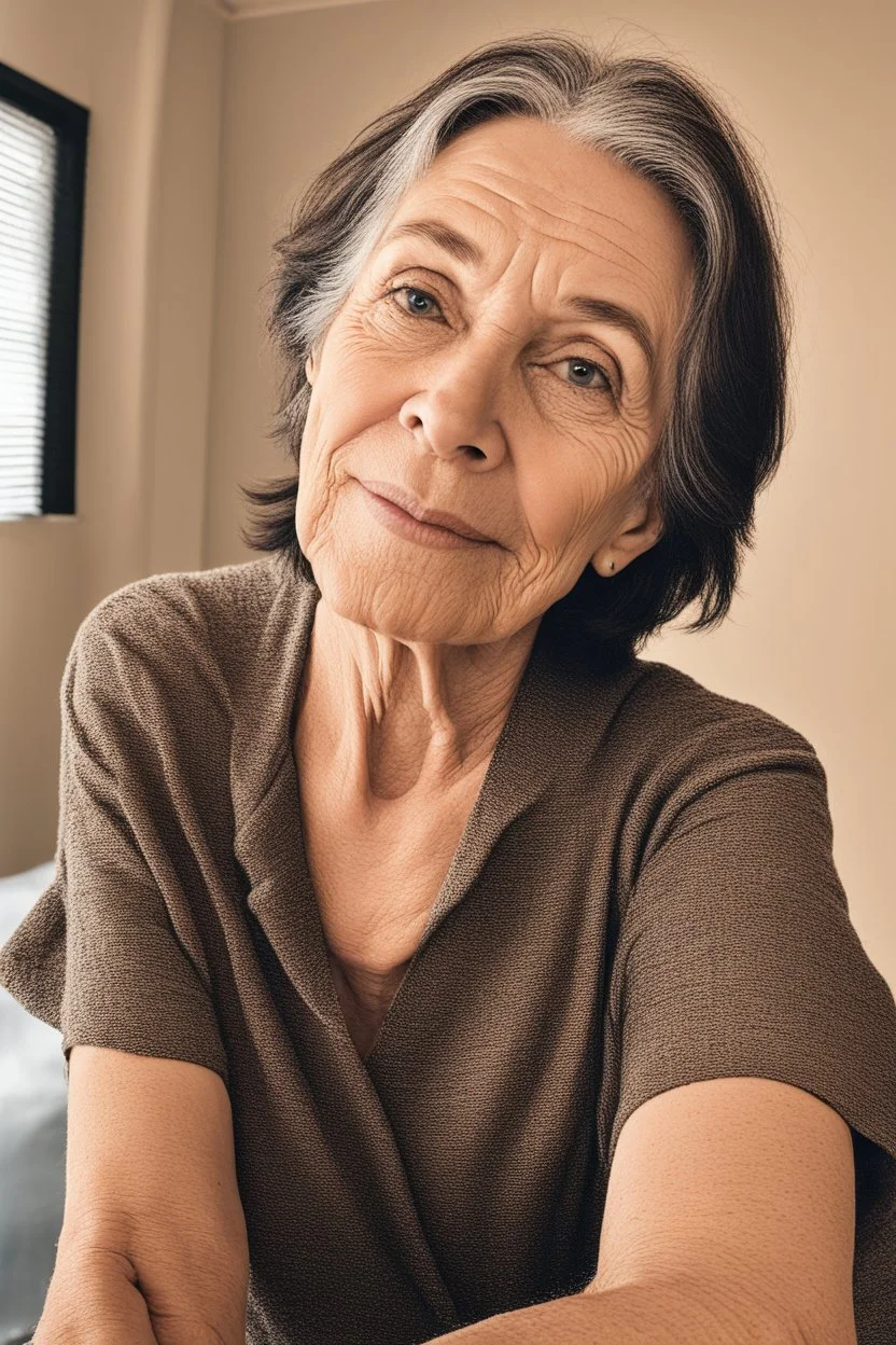 A selfie of a brunette woman, middle short hair taken after massage at spa salon. showing attractive 67-year-old European woman. (She has white skin, tousled black hair, pretty face without makeup, big round brown eyes, cute profiled nose, detailed full lips, skin texture.)