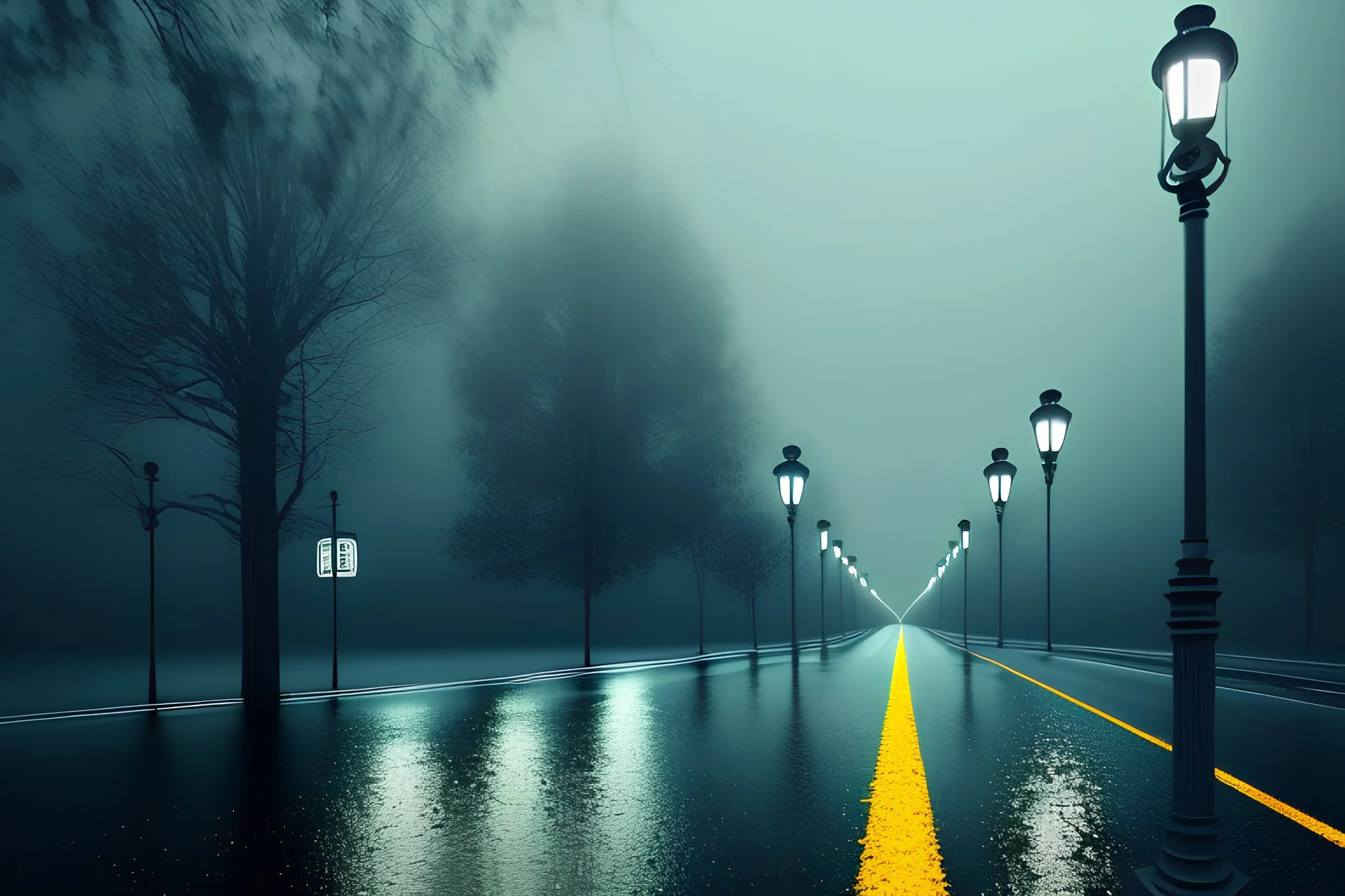 Rainy scenery, night street with dimly lit lamppost, cold color, empty scenery, empty road, rain, night, night,rayn ,rayns